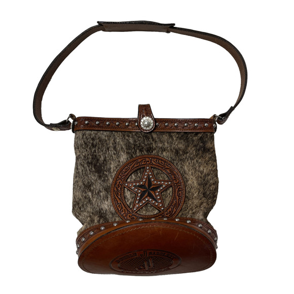 Double J Saddlery Tooled Leather Hide Bucket Handbag Tote Star Yoakum Texas - Picture 1 of 6